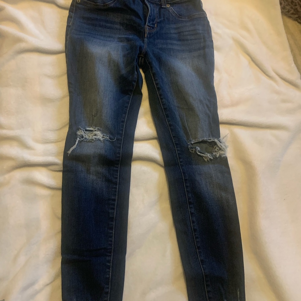 Maurices Blue Skinny Jeans with Distressed Details